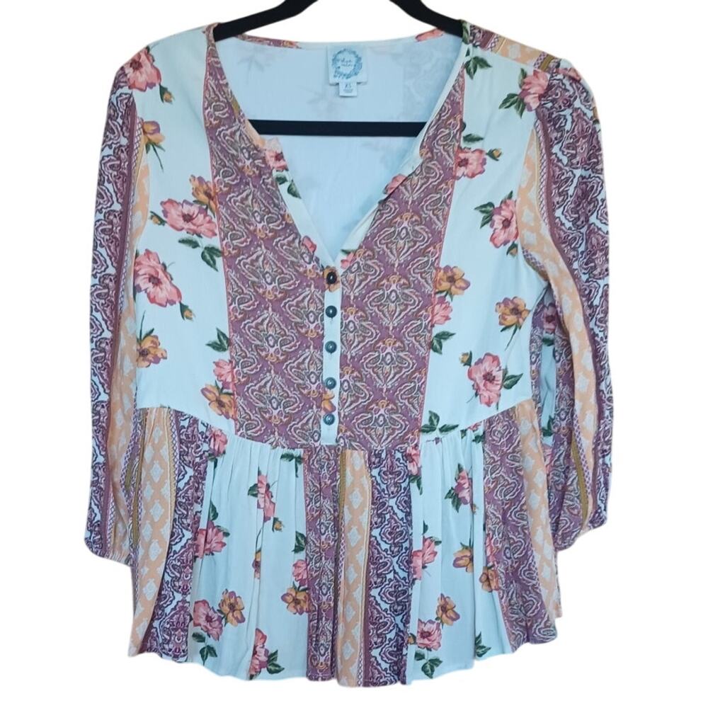 Y2K Baby Doll Style Blouse Peplum Hem Floral Paisley Design Women's XS Bohemian
